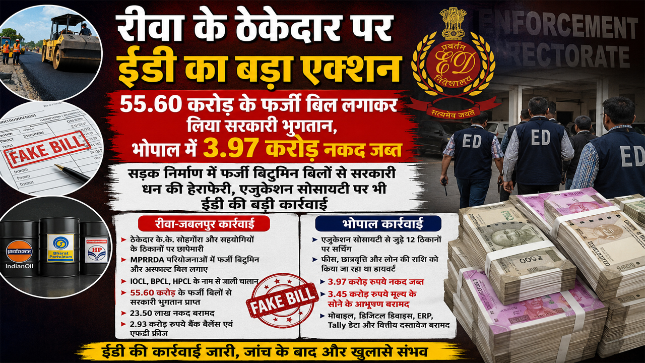 रीवा के ठेकेदार पर ईडी का बड़ा एक्शन: 55.60 करोड़ के फर्जी बिल लगाकर लिया सरकारी भुगतान, भोपाल में 3.97 करोड़ नकद जब्त