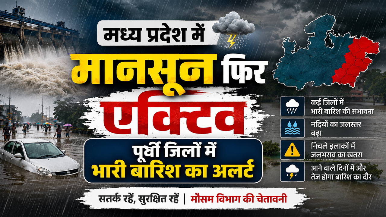 मध्य प्रदेश में मानसून फिर एक्टिव: पूर्वी जिलों में भारी बारिश का अलर्ट, अब तक 12% कम हुई बरसात