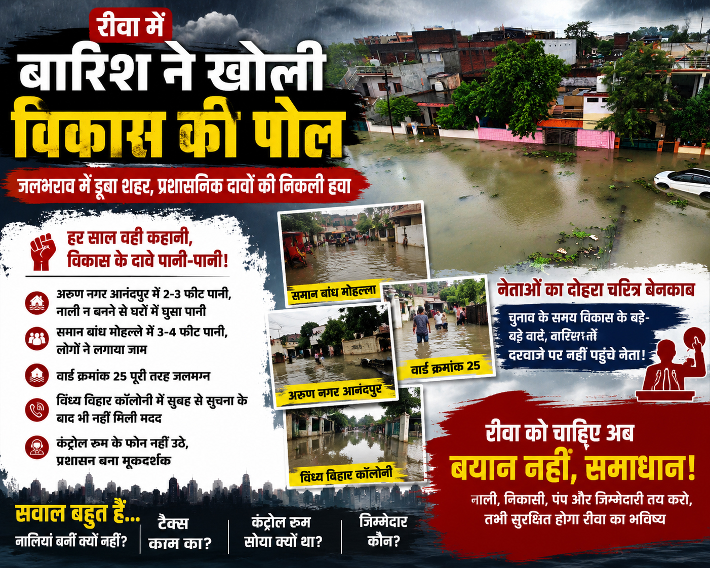 MP: रीवा में बारिश ने खोली विकास की पोल, पानी में बह गए प्रशासन के दावे