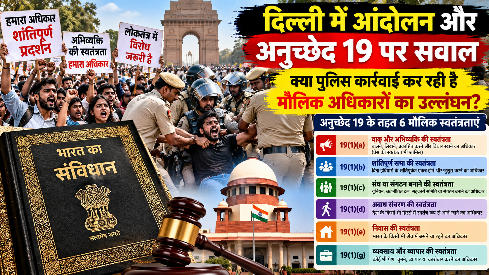 Delhi Protest: दिल्ली आंदोलन में अनुच्छेद 19 के मौलिक अधिकारों पर सवाल, क्या पुलिस कार्रवाई संवैधानिक सीमाओं के अनुरूप?