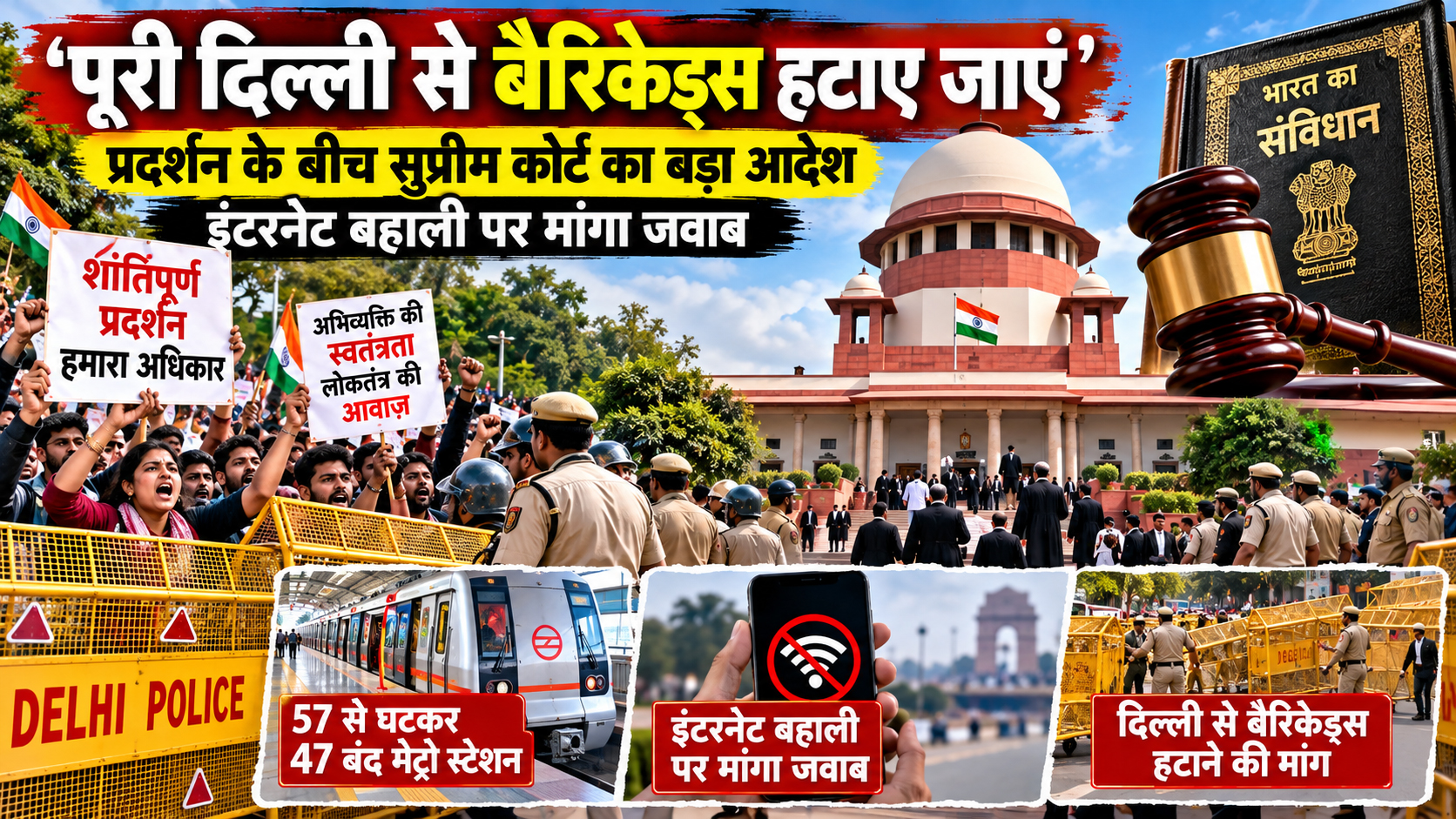 Delhi Protest: सुप्रीम कोर्ट में बैरिकेडिंग पर सवाल, मेट्रो और इंटरनेट बहाली पर मांगा जवाब